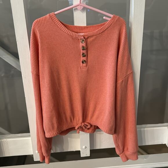 Old Navy Red Plaid Flannel Button Down and Light Orange Ribbed Tie Front Top - Picture 2 of 12